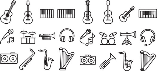 Twelve Black Line Art Musical Instrument Icons Set Guitars Keyboards Drums Microphones Headphones Saxophones Harp