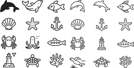 Twelve Black Line Art Icons Depicting Marine Life Sea Creatures Shells Anchors and Lighthouses dolphin © Laila