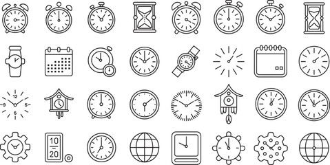 Twelve Black Line Art Timepiece Icons Set Clocks Watches Alarm Clocks Hourglass Calendar Stopwatch vector