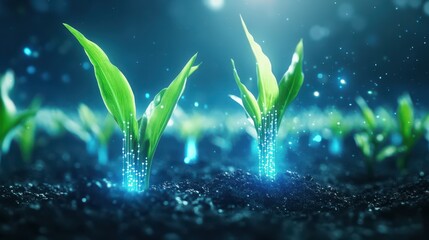Emerging Life: Tiny sprouts of a flourishing new life, illuminated by radiant light, symbolize growth, renewal, and the interconnectedness of the natural world.