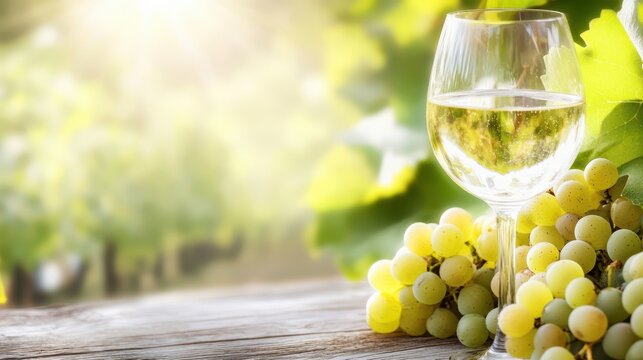 Elegant Sip: A close-up of a glistening glass of white wine next to a vibrant bunch of ripe, green grapes, embodying the essence of refreshment.