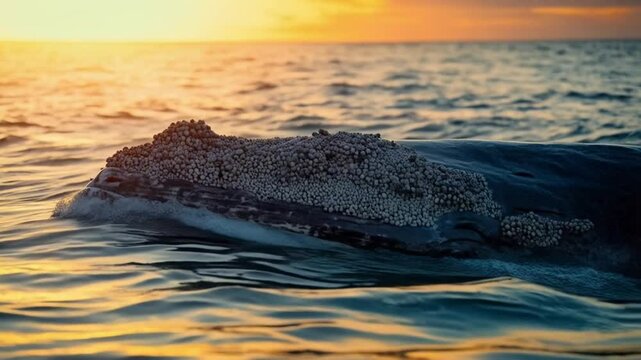 Whale breaching surface covered in barnacles with a sunset in the background at sea video