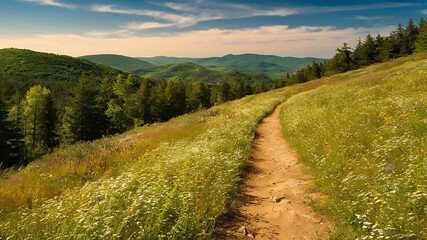 Fototapeta premium Hiking trail landscape scenic mountain view summer meadow forest nature outdoor