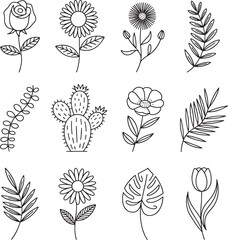 Twelve Black Line Drawings of Flowers Plants and Leaves on White Background Minimalist Botanical Set