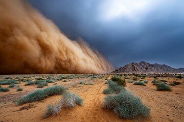 Majestic desert sandstorm approaches rugged mountains under dramatic sky