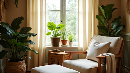 A tranquil corner of indoor space features a chair bathed in soft light near a window adorned with plants creating a serene atmosphere