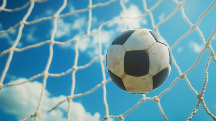 Fototapeta premium Soccer ball in the net of football goals on a large stadium against the blue sky. Copy space.