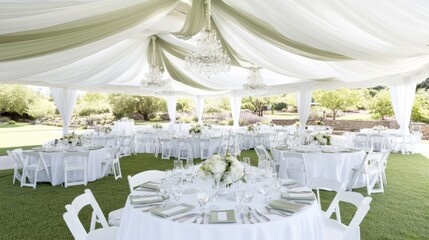 Elegant Marquee Wedding Reception: A sophisticated outdoor wedding reception unfolds beneath a pristine white marquee, adorned with elegant floral arrangements and set against a picturesque landscape.