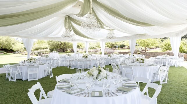 Elegant Marquee Wedding Reception: A sophisticated outdoor wedding reception unfolds beneath a pristine white marquee, adorned with elegant floral arrangements and set against a picturesque landscape.