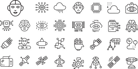 Twelve Futuristic Black Line Art Icons Set Technology Artificial Intelligence Robotics Space Exploration