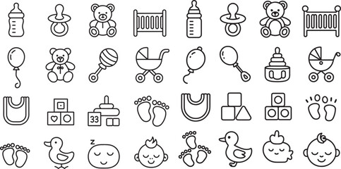 Twelve Cute Clean Line Art Baby Icons Set Black White Baby Bottle Pacifier Teddy Bear Crib Stroller Blocks