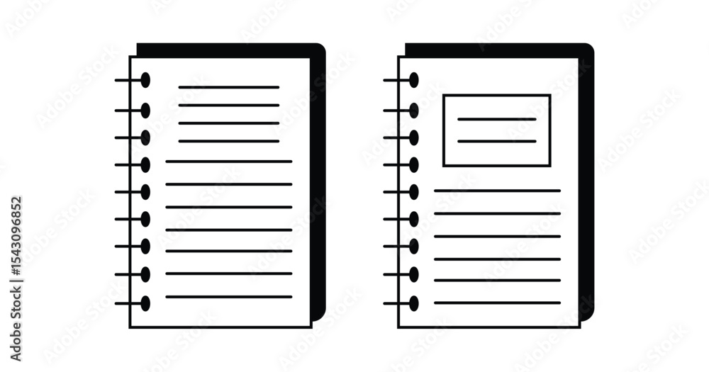 Poster simple outline icons of spiral-bound notebooks, one with full lines and one with a title box. ideal 