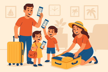 Happy Holiday Preparations. Family vacation time. Vector illustration of parents and kids packing bags, holding boarding passes,