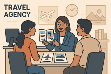 Travel Agency Showcase. Travel agency banner. Vector illustration of travel consultant showing brochures, flight options, and trip