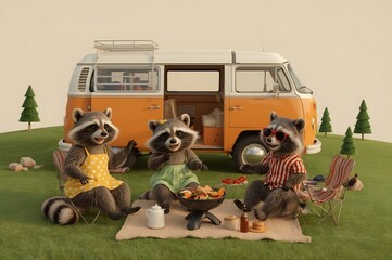 Three cartoon raccoons enjoy a picnic by a vintage camper van