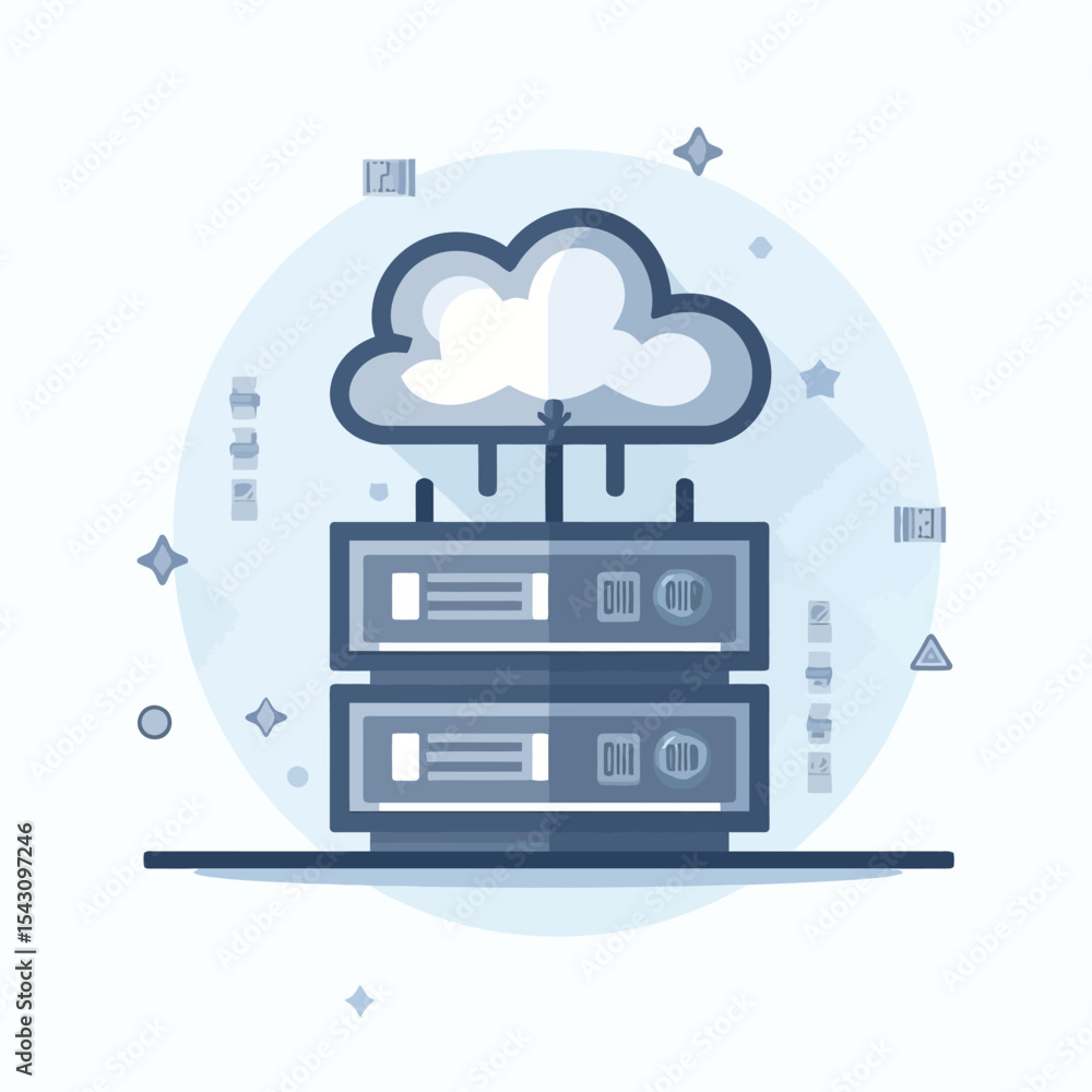 Poster cloud computing graphic, showing data storage servers connected to a cloud.