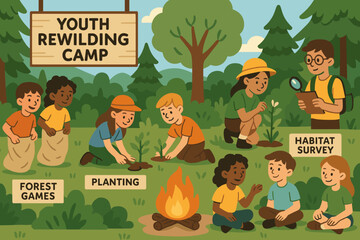Youth Rewilding Camp. Vector illustration of youth rewilding camp with forest games, planting activities, habitat surveys, and