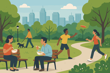 City Park Lunchtime. Vector illustration of city park during lunch hour with people eating on benches, walking dogs, and playing