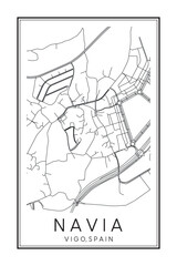 Hand drawn printable downtown road map poster of district NAVIA of the Spanish city of VIGO on solid white background with city name