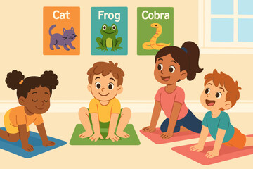 Kids' Yoga Fun. Vector illustration of kids’ yoga class with playful poses, animal names, and colorful instruction cards
