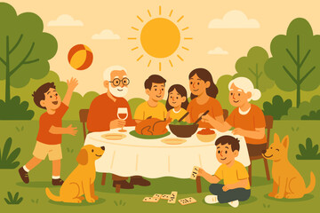 Family Outdoor Celebration. Together under the sun — Vector illustration of multigenerational family enjoying lunch outdoors with