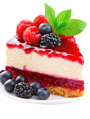 Berry Cheesecake Slice: An enticing slice of berry cheesecake, generously adorned with fresh raspberries, blueberries, and blackberries, glistens under a luscious glaze