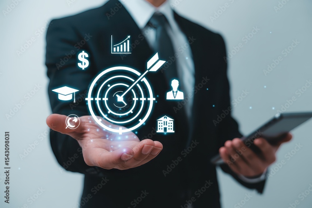 Poster projected business objectives displayed in a hand.