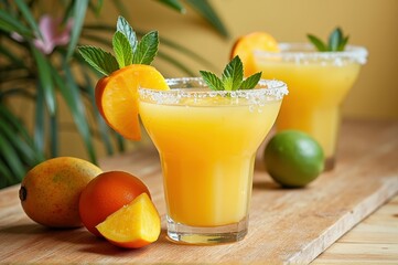 Fototapeta premium Refreshing tropical mango margarita with citrus and mint garnish on wooden table