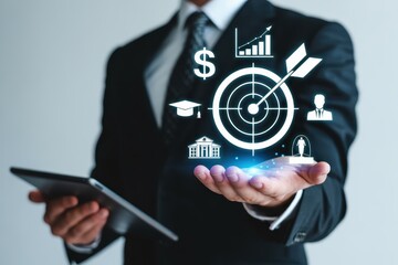 Businessperson displaying a holographic target and related icons.
