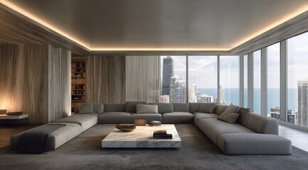 Naklejka premium Modern Living Room with Stunning City View