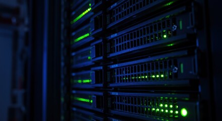 Naklejka premium Server rack with glowing green lights