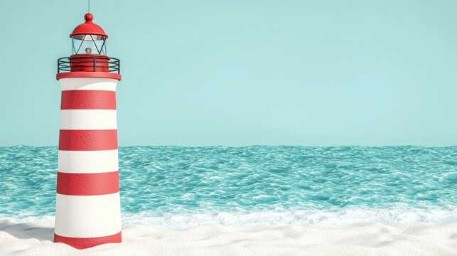 A red and white striped lighthouse stands on a sandy beach, overlooking the ocean.