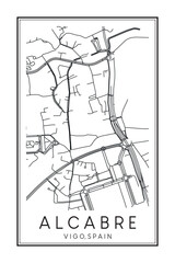 Hand drawn printable downtown road map poster of district ALCABRE of the Spanish city of VIGO on solid white background with city name