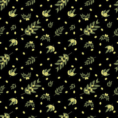 Abstract vector pattern. Olive tree branches and its fruits on a dark background.