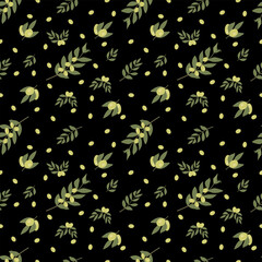 Abstract vector pattern. Olive tree branches and its fruits on a dark background.