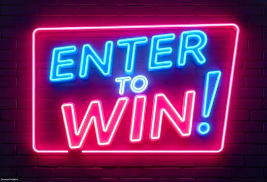 Dynamic Social Media Contest Promo Graphic Featuring Neon Sign 'ENTER TO WIN!' Message on Red Brick Background for Digital and Print Marketing Campaigns, Contest Promotions, Sales Events