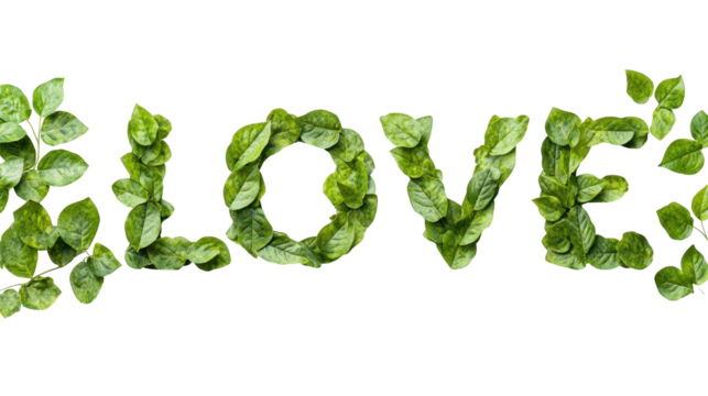 Wordplay with Love: A botanical composition spells out "LOVE," using vibrant green leaves, evoking themes of affection and nature.