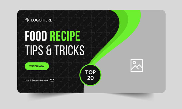 Trendy food recipe tips and tricks video cover banner design, food review techniques video thumbnail banner design, fully editable vector eps 10 file format