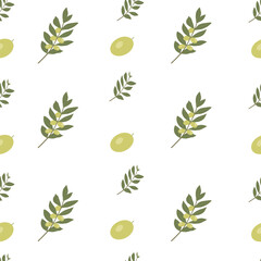 Botanical vector seamless pattern. Olive tree branches with fruits, olives on white background.