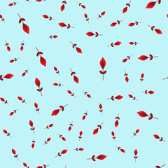 Seamless vector pattern. Stylized, abstract flowers in red tones of different sizes, scattered on a pale blue background.
