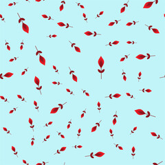 Seamless vector pattern. Stylized, abstract flowers in red tones of different sizes, scattered on a pale blue background.