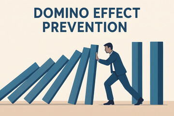 Domino Effect Prevention: An image of a person struggling to prevent a row of dominoes from falling, illustrating efforts to stop a chain reaction or a series of events from occurring.