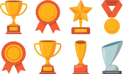 Eight Flat Design Award Icons Gold Trophies Medals Ribbons