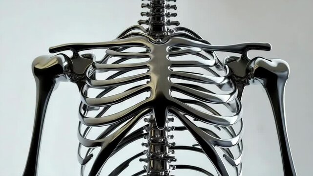 Metallic human skeleton model showcasing ribcage and collarbone details.