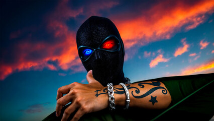 Mysterious masked figure with glowing eyes and chains.