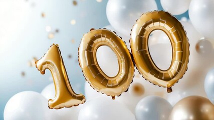 Golden celebration with 100 balloon centerpiece amidst floating white balloons