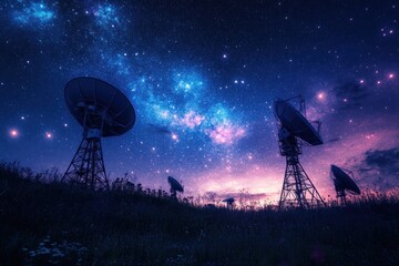 Clear night landscape with antenna array and glowing galactic sky, surreal lighting