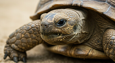 Close-Up of Tortoise with Textured Shell and Sandy Terrain