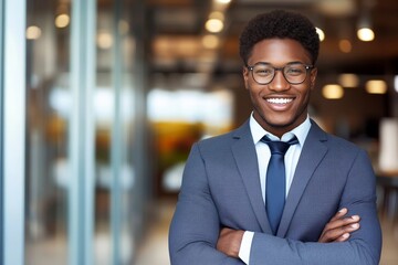Fototapeta premium Confident Smiling African American Lawyer Posing with Arms Crossed in a Professional Suit and Tie