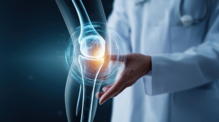 The doctor diagnoses the knee: a medical professional examines a human knee with innovative technology showing glowing internal structures of the joint.